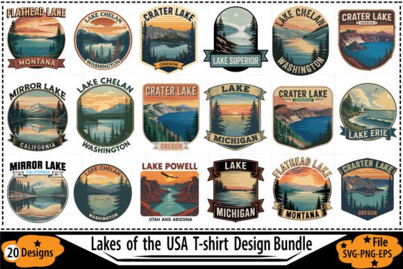 Lakes of the USA T-Shirt Design Bundle: Vintage Badge Art for Outdoor Brands